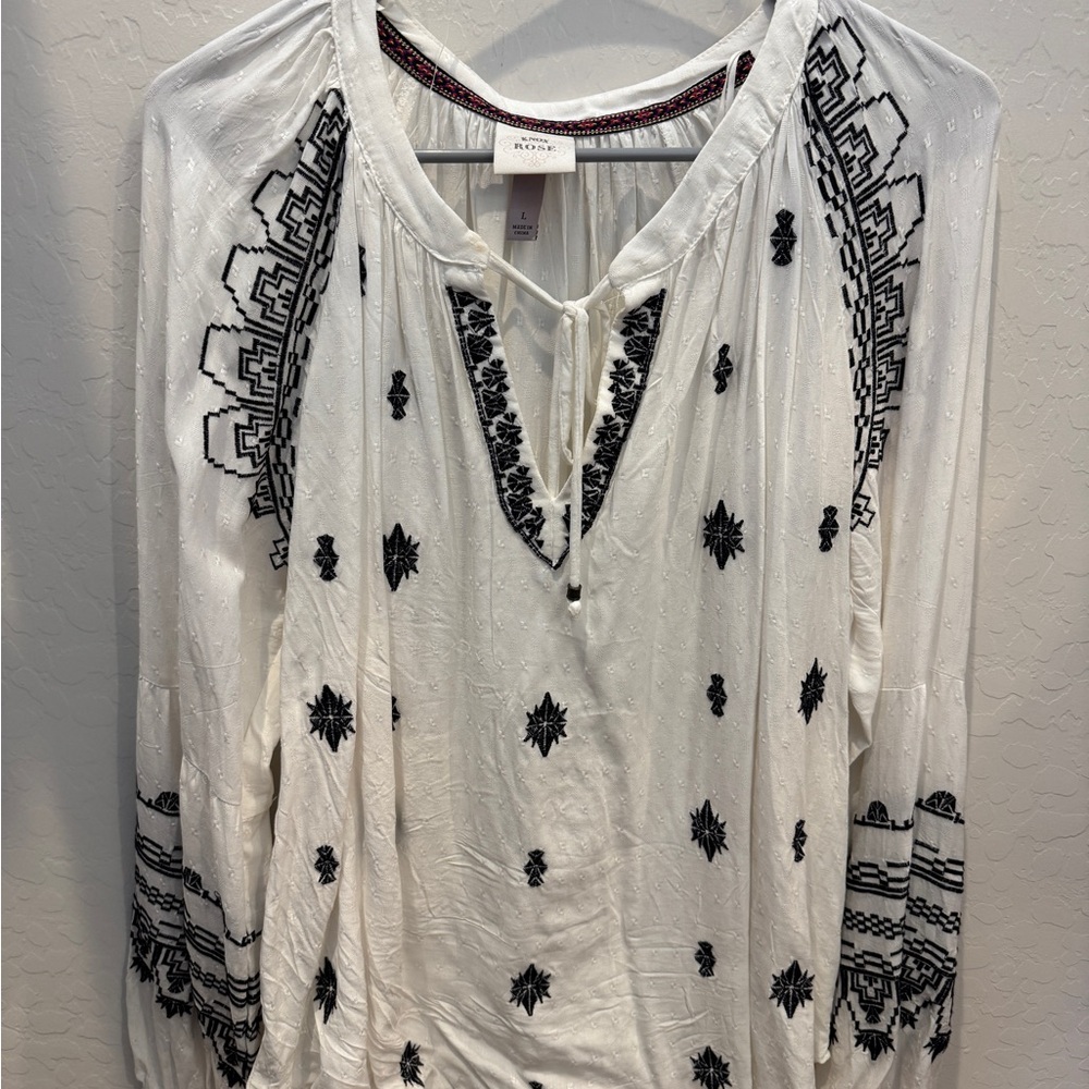 Boho Embroidered White and Black Top
